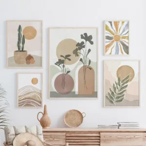 Wall Art Canvas Painting Abstract Geometry Sun Leaves Fern Cactus Nordic Posters And Prints Boho Pictures For Living Room Decor