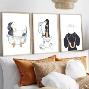 Watercolor Art Dachshund Dog On Toilet Bathtub Poster Print Funny Animal Canvas Painting Wall Art For Bathroom Home Decoration