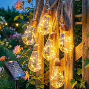 Outdoor solar light string, 10/25 bulb hanging retro hemp rope light string, light source sensing on/off, 12 modes transparent bulb garden string lights, suitable for courtyard, fence, eaves, terrace, wedding decoration, Christmas decoration (warm)