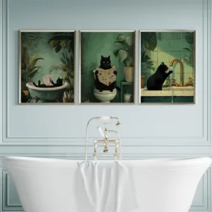1/3pc Set Black Cat Vintage Green Bathroom Poster Print Canvas Painting Cat in A Bathtub Toilet Funny Picture for Restroom Decor
