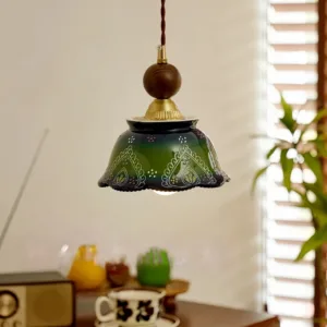 Boho Vintage Green Pattern Glass Pendant Light Wood Ball Hanging Lamp Kitchen Dining Cafe Decor Ceiling Lamp