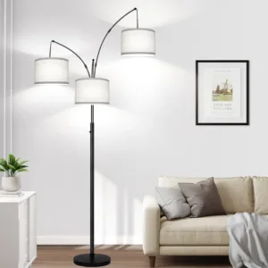 Black Modern‑Arc Tree‑Shape 3‑Light Dimmable Tall Standing Floor Lamp, Grey‑Linen Shades, Heavy‑Base, 3000‑LM LED Bulbs Included, Bright‑Lighting For Living‑Room, Bedroom, Office & Reading