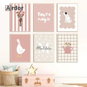 Personalized Name Wildflower Nursery Vase Duck Poster Pink Floral Canvas Painting Print Wall Art Picture Baby Girl Bedroom Decor