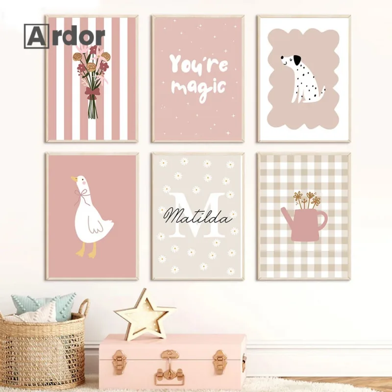 Personalized Name Wildflower Nursery Vase Duck Poster Pink Floral Canvas Painting Print Wall Art Picture Baby Girl Bedroom Decor