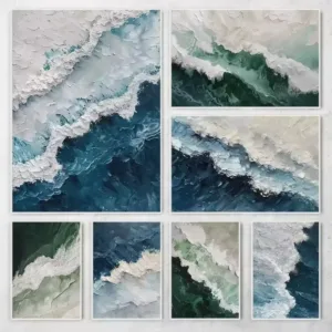 Boho Abstract Beach Seascape Wall Art Poster Deep Blue and Deep Green Ocean Wave Canvas Painting for Living Room Home Decor