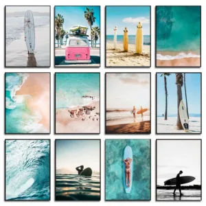 Summer Beach Bus Surfboard Ocean Waves Surfing Holiday Aesthetic Poster Canvas Painting Wall Art Pictures Home Decor