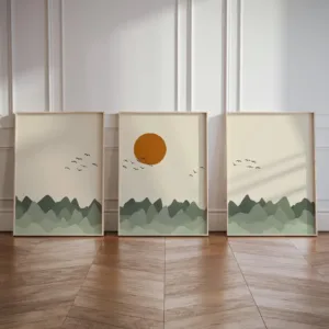 3pcs/set Bohemian Sage Green Mountain Bird and Sun Wall Art Prints Mid-century Nursery Wall Art Posters for Modern Home Decor
