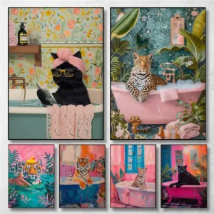 Zebra Black Cat Aesthetic Canvas Painting Nordic Bathroom Wall Art Poster Living Room Home Decor Colorful Bathtub Animal Tiger