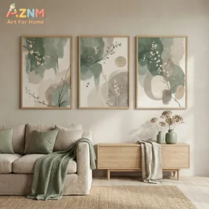 3PCS Sage Green Beige Abstract Botanical Canvas Wall Art Set Neutral Floral Prints for Living Room Bedroom Decor Unframed