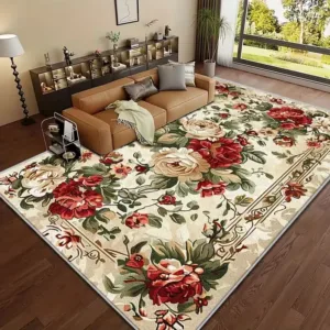 Persian Style Floral Printed Carpet Rose Patterned Carpet Vintage Bohemian Floor Mat Carpet Home Decoration and Room Supplies