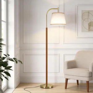 Wood Floor Lamp for Living Room, Mid Century Modern Floor Lamp with 3 Color Temperatures Bulb, Arc Standing Lamp with Adjustable Lampshade