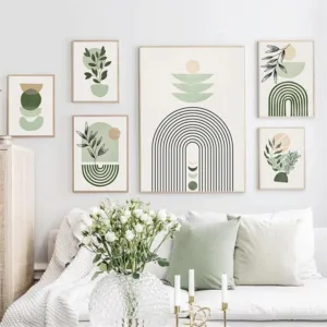 Abstract Boho Sage Green Plants Geometric Wall Art Canvas Painting Nordic Posters and Prints Wall Pictures For Living Room Decor