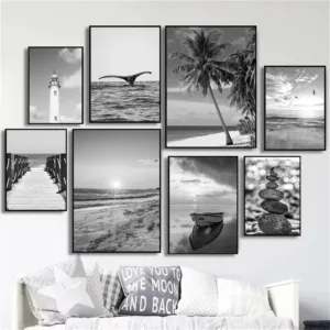 Nordic Black and White Sea Beach Canvas Print Poster Boat Bridge Coconut Tree Lighthouse Wall Art Painting Picture Home Decor