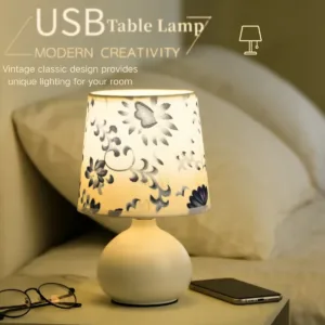 USB Bedroom Bedside Minimalist Creative Desk Lamp Equipped With Floral Fabric Lampshade Suitable For Reading Bedroom Living Room