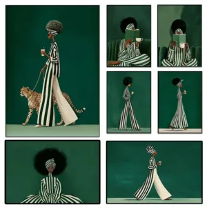Emerald Green Modern African American Woman Canvas Wall Art Black Woman Poster Print Minimalist Africa Lady Canvas Painting