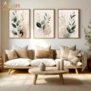 3pcsAZNM Sage Green Neutral Beige Watercolor Eucalyptus Leaf Botanical Canvas Wall Art Minimal Boho Plant Line Splash Giclee Pri