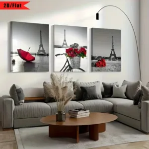 2D/Flat,3pcs Tower Canvas Print Wall Art with Wooden Frame - Red Floral Modern Fashion Design,Suitable Living Room、Be