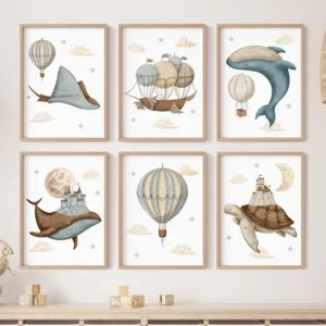 Whale Turtle Castle Balloon Nordic Nursery Wall Art Posters Art Prints Canvas Painting  Pictures Baby Kids Room Home Decoration