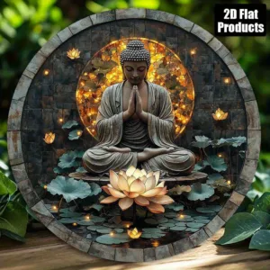 2D Flat, 2D Flat Zen Statue Theme Round Aluminum Metal Wall Art Plaque - 20.32x20.32cm Vintage Decorative Sign with Illuminated