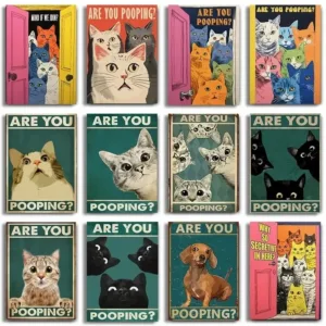 Funny Bathroom Sign Canvas Prints Cute Black Cat Art Are You Pooping Posters Bathroom For Painting Wall Pictures Toilet Decor
