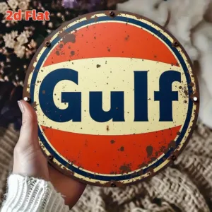 [2D Flat] Vintage Gulf Car Logo Aluminum Sign - Durable Indoor/Outdoor Wall Art Decoration for Home, Bar, Cafe, Garage - Rustic