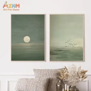 2pcs/set Japanese Sage Green Abstract Canvas Prints Poster Modern Minimalism Moon Art Prints Bedroom Wall Art Home Decor Poster