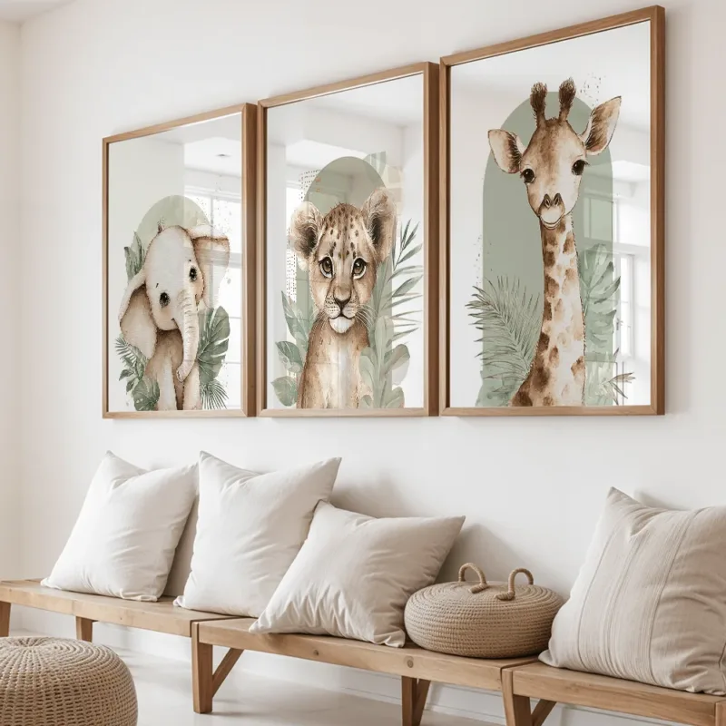 3pcs/set Retro Elephant Lion and Giraffe Animal Canvas Printing Sage Green Jungle Wall Art Poster for Modern Nursery Home Decor