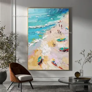 Modern Summer Sea Beach Oil Painting Handmade Canvas Artwork People Play By The Sea Beautiful Seascape Wall Art For Hall Decor