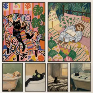 Retro Animals Spa Tropical Bedroom Bathtub Dogs Cat Knitting Illustration Poster Canvas Painting Wall Pictures Home Decor