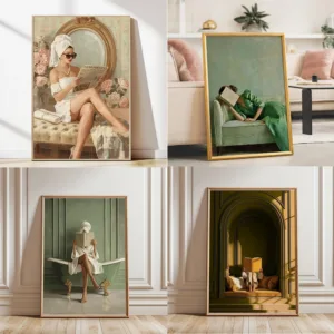 Sage Green Woman Reading Bathtub Print Green Wall Art Poster Bathroom Decor Woman in Pink Bathtub Wall Art Minimalist Poster