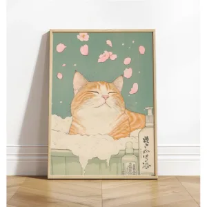 Japanese Bathtub Lazy Cat Bathing Retro Aesthetics Art Poster Canvas Print Mural Bathroom Living Room Bedroom Decoration Gift
