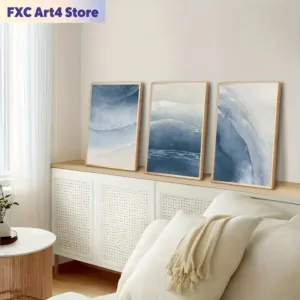 Frameless3Pcs/Set Modern Geometric Pattern Wall Art Canvas Poster Blue Sea Print Picture Bedroom Dining Room Home Decor Painting