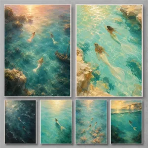 Sunlit Mermaid Reef  Deep Sea Fantasy Posters Painterly Mermaid Coastal Prints Canvas Painting Wall Art Picture Home Room Decor