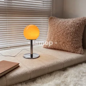 Murano Glass Solid Orange Sphere Table Lamp Korean Cream Pole Stand 3 Tone Soft Light Wood Desk Living Cabinet Decor Lamp