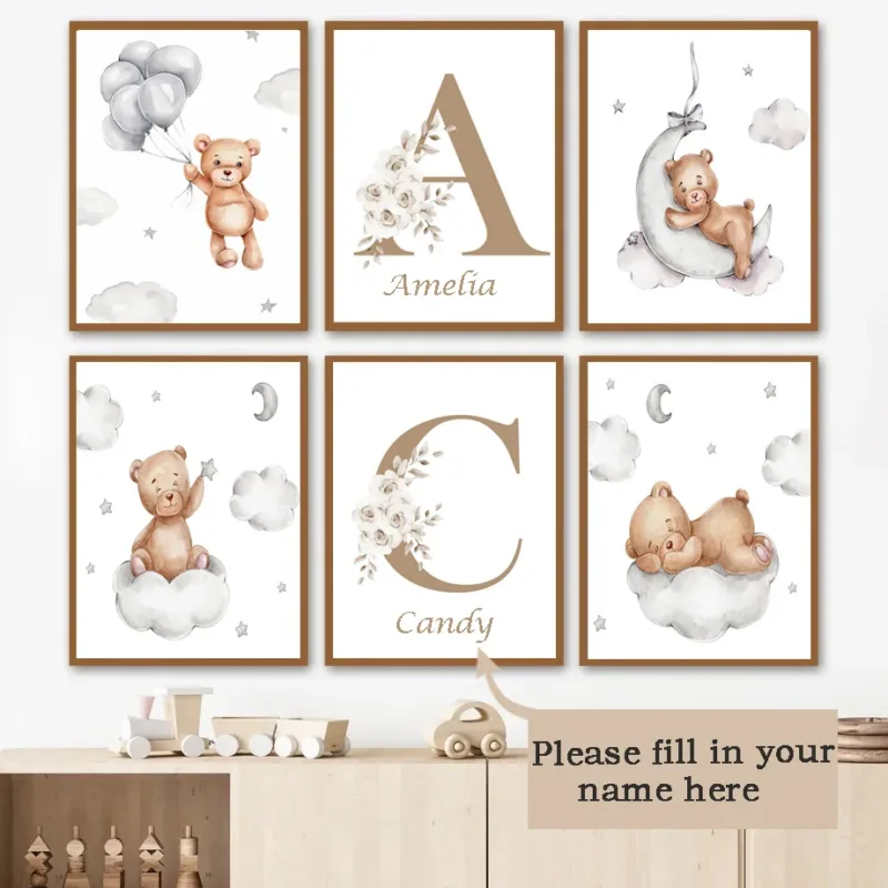 Customize Baby Name Posters Boho Bear Rainbow Sun Wall Art Nursery Canvas Painting and Prints Pictures for Kids Bedroom Decor