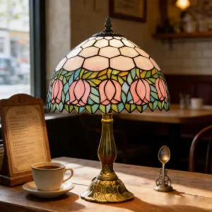 Tiffany Stained Glass Table Lamp Pink Tulip Bedroom Reading Desk Light for Living Room Home Office Decorate Housewarming Gift