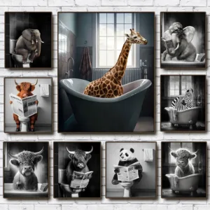 Funny Animal in Bathroom Poster Giraffe Elephant Orangutan Zebra Sitting in Bathtub Canvas Painting Toilet Wall Art Pictures