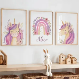 Custom Name Purple Unicorn Nursery Prints-Rainbow Unicorn Wall Art Posters for Girls’ Bedroom Decor|Perfect Birthday Gift