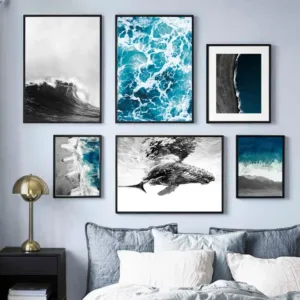 Canvas Painting Nordic Posters And Prints Blue Sea Black White Wave Beach Whale Wall Art Wall Pictures For Living Room Decor