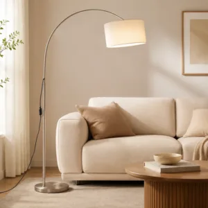 Modern Fabric And Metal Curved Arc Design Adjustable Drum Shade For Living Room Bedroom Reading Corner Sofa Side Floor Lamp