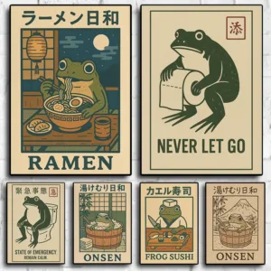 Retro Japanese Funny Frog in A Bathtub Sushi Kitchen Woodblock Animals Poster Canvas Painting Wall Pictures Home Bathroom Decor