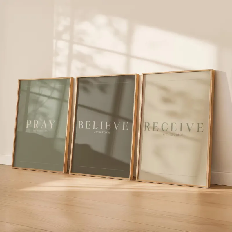 Scripture Quote Pray Believe Receive Sage Green Wall Art Print Canvas Painting Poster Picture For Living Room,Bedroom,Home Decor