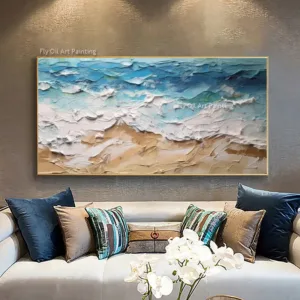 New Design Beige White Ocean Wave Canvas Thick Oil Painting Hand Drawn Original Abstract Blue And White Seascape Wall Art Decor