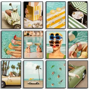 Summer Sunshine Beach Woman Surf Swimming Palm Trees Sea View Poster Travel Canvas Paintings Wall Art Pictures Home Decor