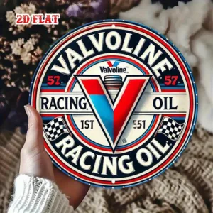 1pc Valvoline Vintage Racing Oil Metal Tin Sign - 7.87" Round Aluminum Wall Art with Checkered Flags & Retro Logo, Rustic Garage