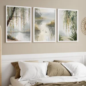 Set of 3: Willow Tree Countryside Art Prints | Sage Green Living Room Art | Neutral Kitchen Decor | Dark Green Bedroom Wall Art