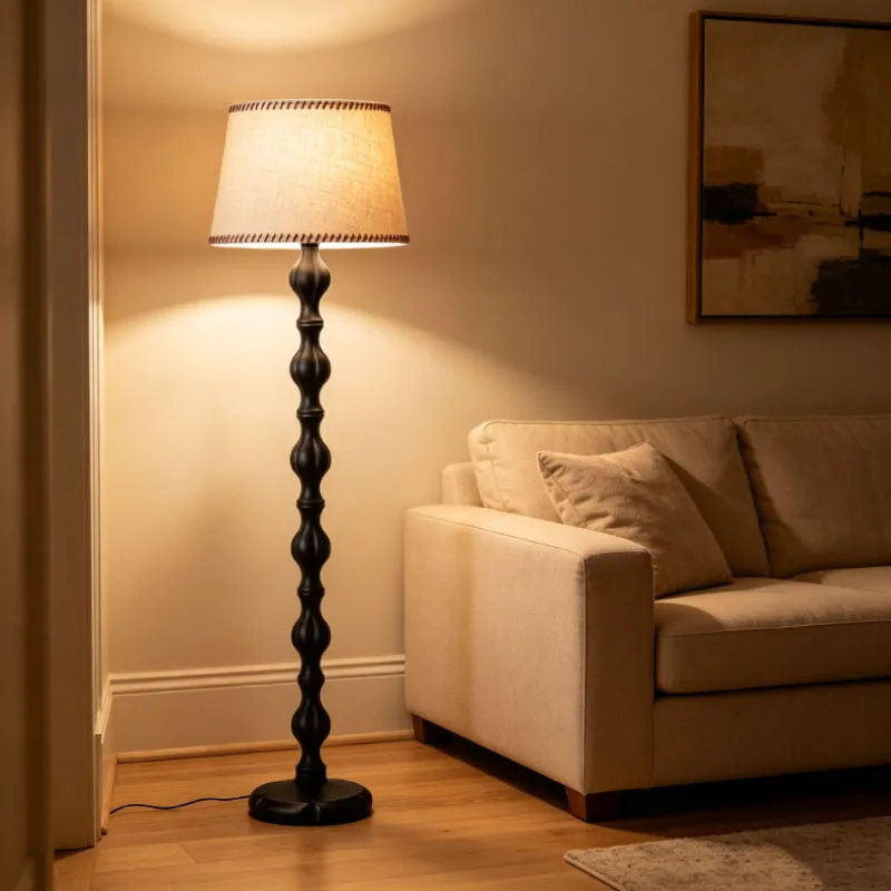 American Style Fabric Lampshade Floor Lamp E27 Bulb Dark Brown Wood Vintage Floor Light EU AU US Plug For Living Room Bedroom