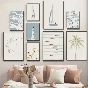 Sailboat Swimming Pool Ocean Floral Minimalist Wall Art Canvas Painting Posters and Prints Wall Pictures for Living Room Decor