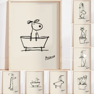 Funny Dog in A Bathtub Canvas Prints Poster Modern Minimalist Picasso Line Art Prints Living Room Bathroom Wall Art Home Decor