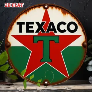 2D Flat, 1pc Texaco Vintage Gas Station Metal Wall Art - Retro Red, Green, White Round Sign - Heavy-Duty Aluminum Decor for Gara